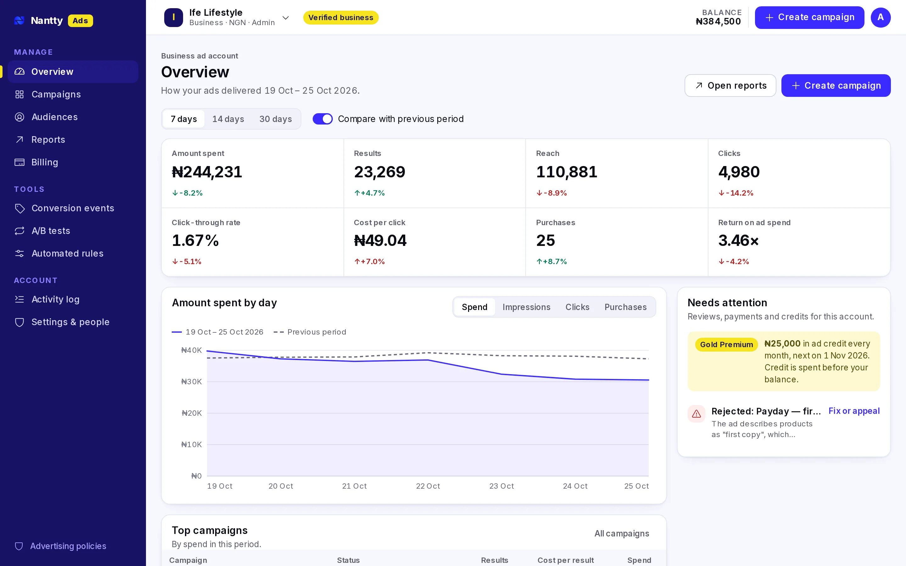 Ads Manager overview with spend, results, reach and a daily spend chart for a Lagos fashion store
