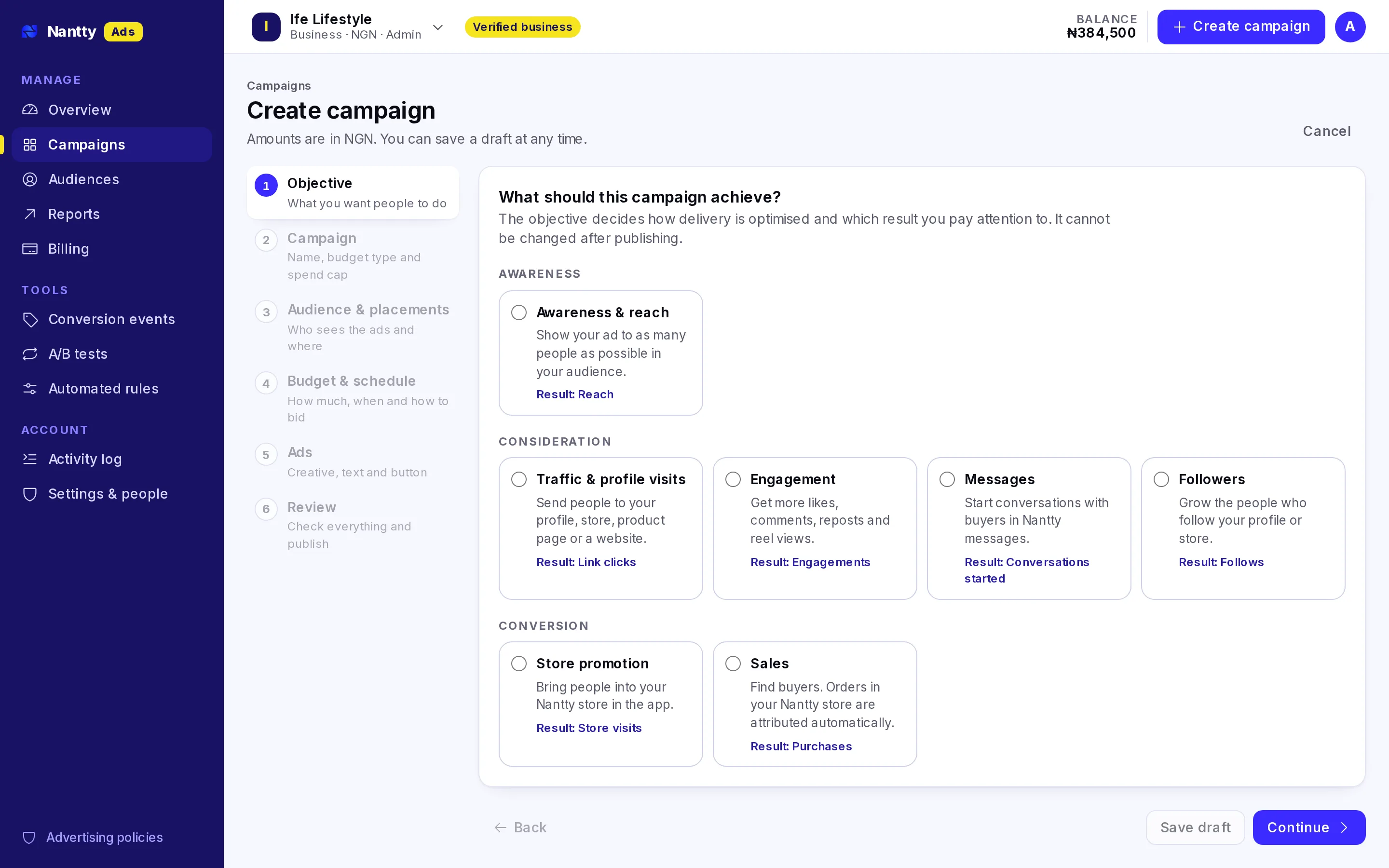 Create campaign screen with the six-step progress list and objective choices such as sales, messages and store promotion
